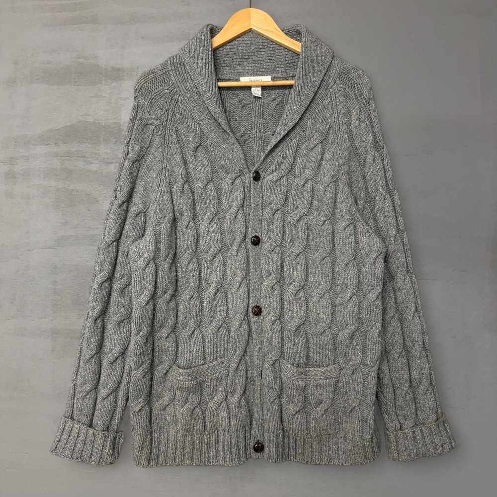 Turnbury Cardigan Gray Cable Knit Shawl Collar Lambswool Sweater Large READ